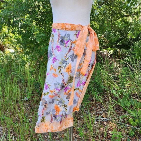 Wrap Skirt Women's Medium Silk Blend Made in India Boho Hippie Floral Orchid - Picture 1 of 13